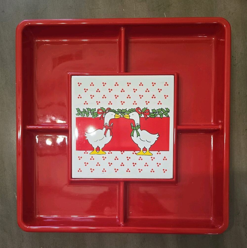 Vintage 1980s Christmas Geese Serving Tray w/ Ceramic Tile Trivet 12"x12"